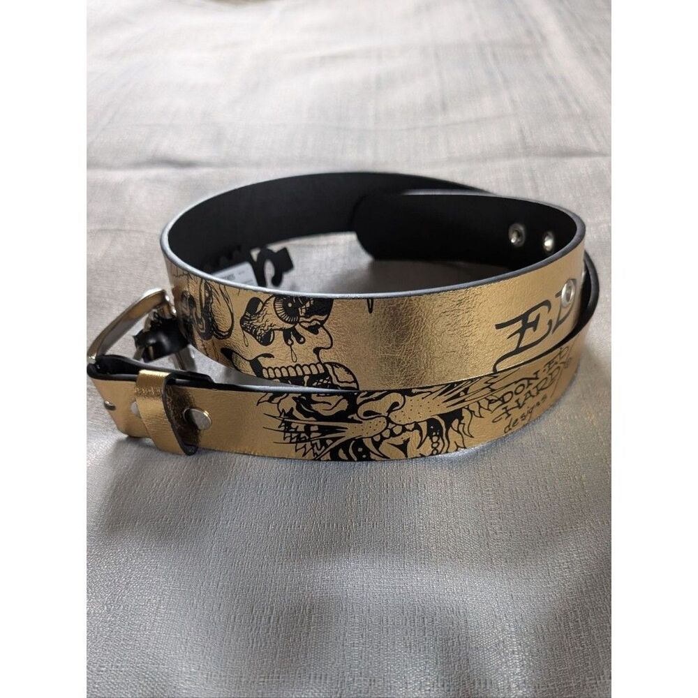 Ed Hardy Gold Skull & Tiger Tattoo Print Belt Men's Size 40 NEW!